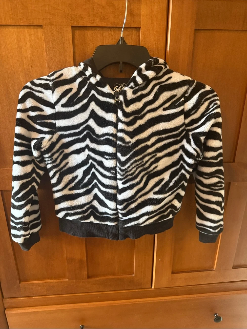 Justice Fuzzy Zebra Zip-Up Hoodie Girls Size 8 Black & White Plush